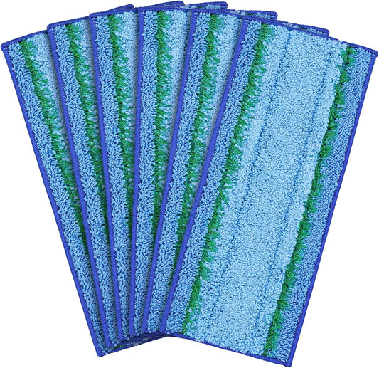 6-pack wet mopping pads with blue microfiber and green stripe centers