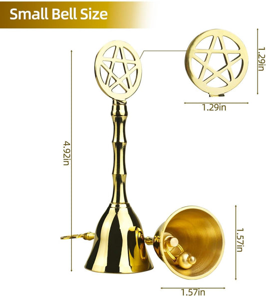 Brass hand bell with pentagram medallion and long stem, small size