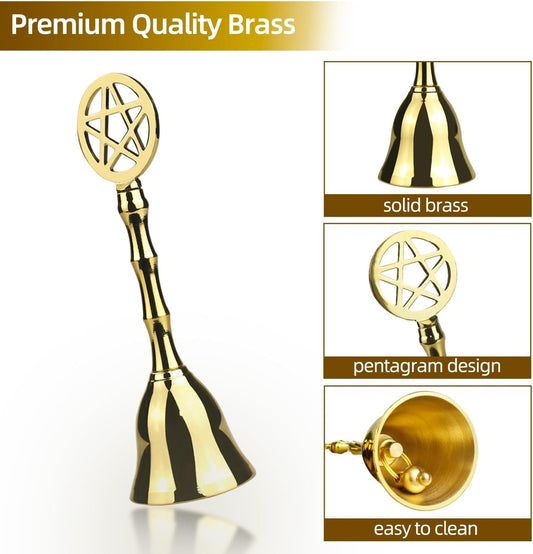 Brass pentagram hand bell with flared base, polished reflective finish