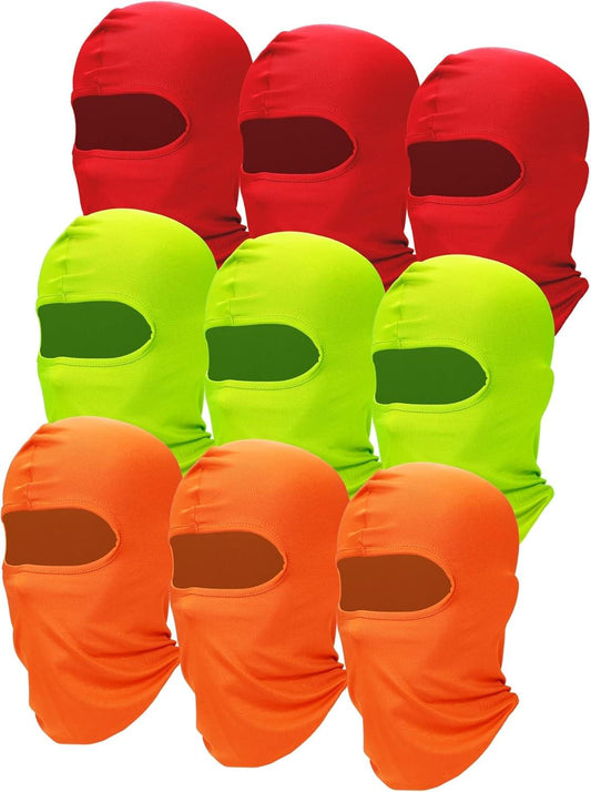 Set of nine full-face ski masks in red, neon green, and orange