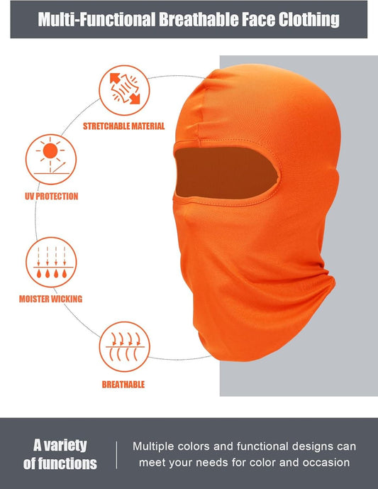 Orange full-face ski mask with eye cutout and neck covering