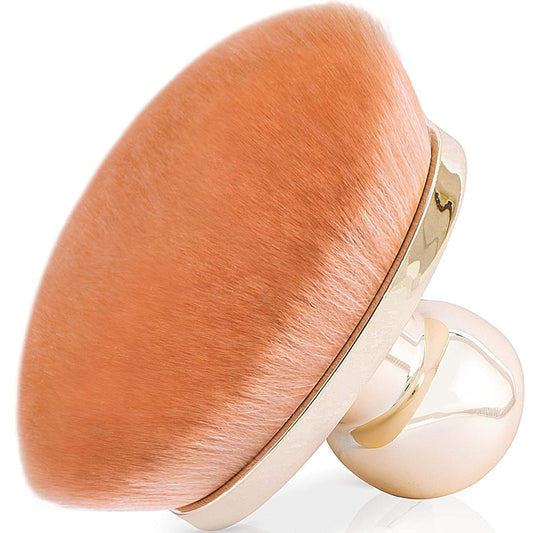Oval body makeup brush with dense brown bristles and gold-toned handle band