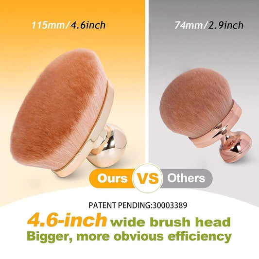 Oval makeup brush head with brown bristles and pale base on a chrome stand