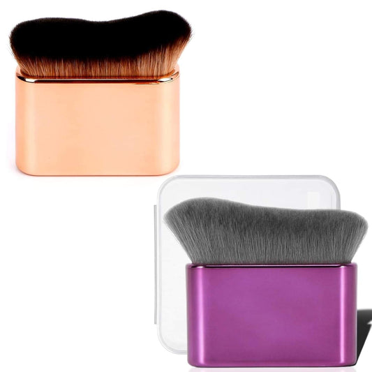 Self-tanning brush with dark bristles, copper holder, and clear storage case