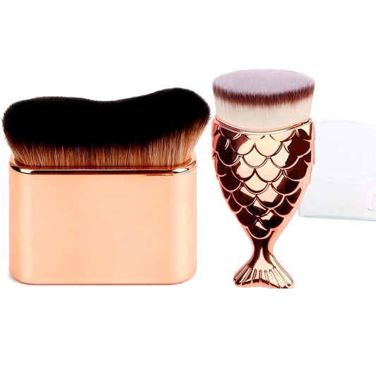 Self tanner brush set with a mermaid kabuki brush and a flat body bronzer brush