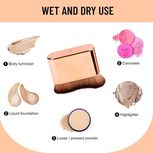 Foundation and bronzer brush with compact angled head shown with cosmetic icons