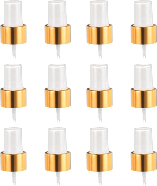 12-pack spray bottle tops with gold caps and fine mist nozzles, clear plastic stems