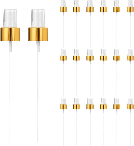 Fine mist spray bottle tops with gold caps and white tubes, 24-piece set