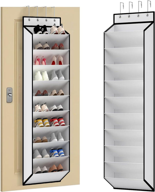 White over-door shoe organizer with black frame and 10 open shelves