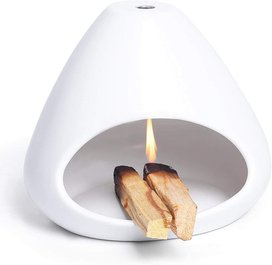 White ceramic palo santo incense holder with open bowl and burning wood sticks inside