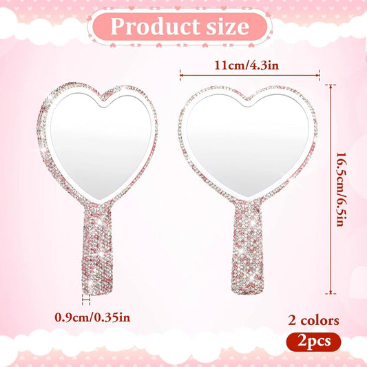 Heart-shaped rhinestone handheld mirror with sparkly handle, silver glitter
