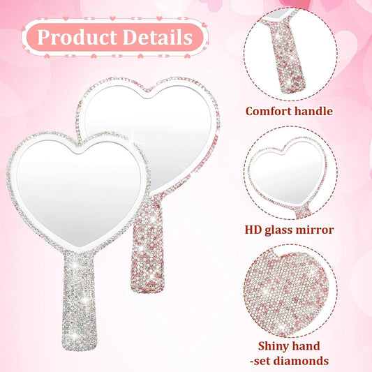 Heart-shaped rhinestone handheld mirror with sparkly handle and round edge glass