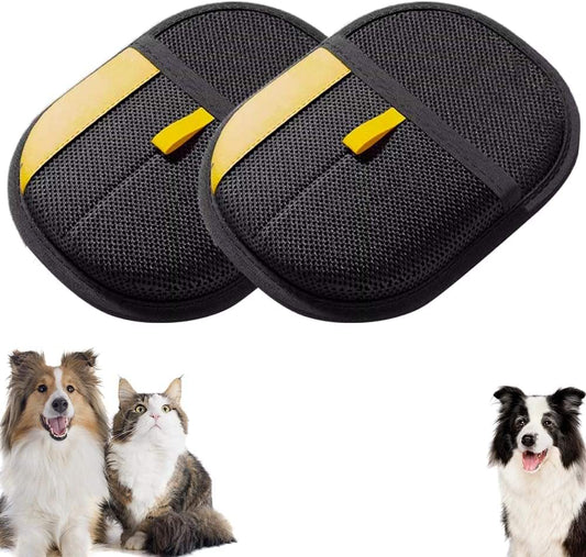 Pet hair remover glove pair with black mesh and yellow bands