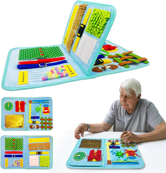Turquoise fidget blanket with colorful activity panels, textured fabric, beads, and Velcro tabs