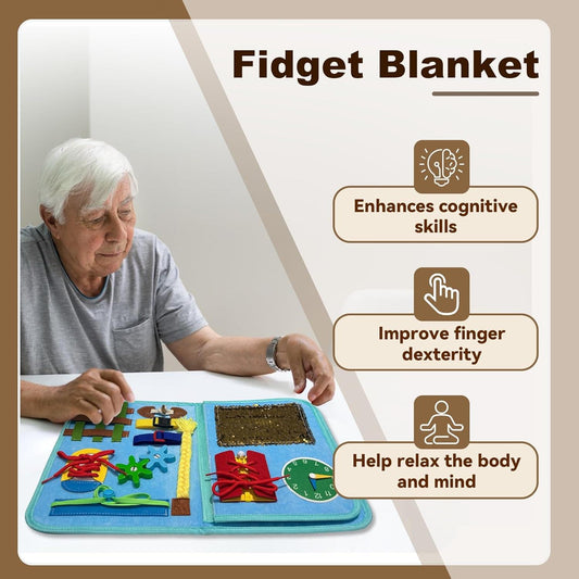 Colorful fidget blanket with multiple interactive patches, including textured squares and buckles