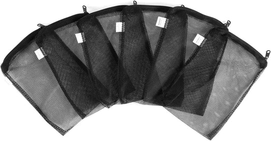 Black mesh filter bags with plastic zippers, hook loops; multiple-piece set
