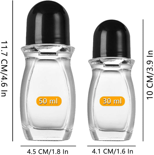 Two clear glass roller bottles with black domed caps and plastic roller ball tops