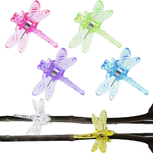 Dragonfly plant support clips, mix colors, clear plastic dragonfly toppers on prongs