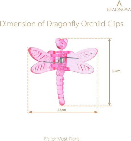 Pink dragonfly plant support clip with clear wings and spiral stem prongs