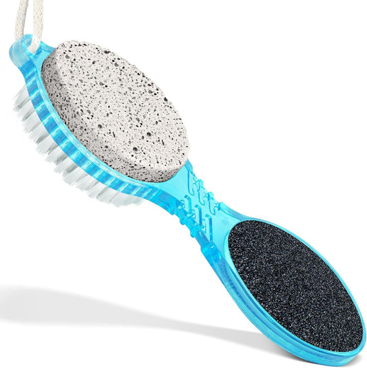 Blue pedicure paddle tool with textured pumice pad and emery filing surface