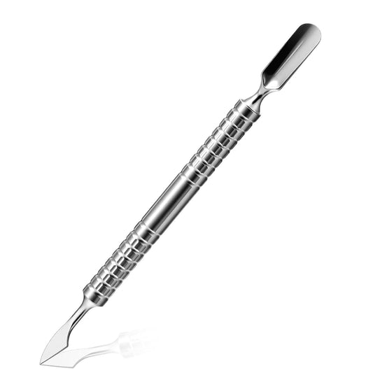 Dual head nail cuticle pusher tool, stainless steel with curved and chisel tips.