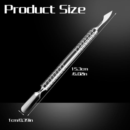 Dual head cuticle pusher tool, silver metal handle with curved and chisel ends.