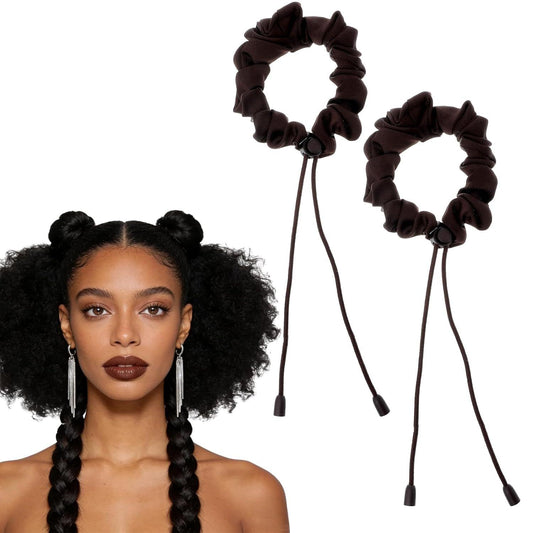 Pair of dark satin hair scrunchies with adjustable drawstring ends