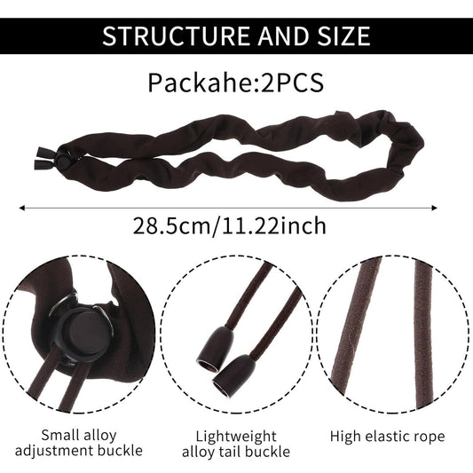 Two dark satin hair ties with adjustable rope and small metal buckle details