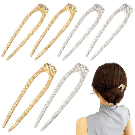 Set of U-shaped hair pins with gold and silver forks, 6 pieces