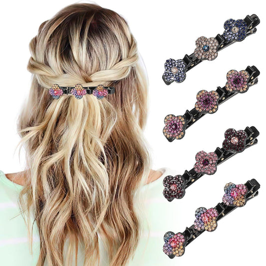 Four-leaf rhinestone hair clip set on black barrettes, sparkling crystal details