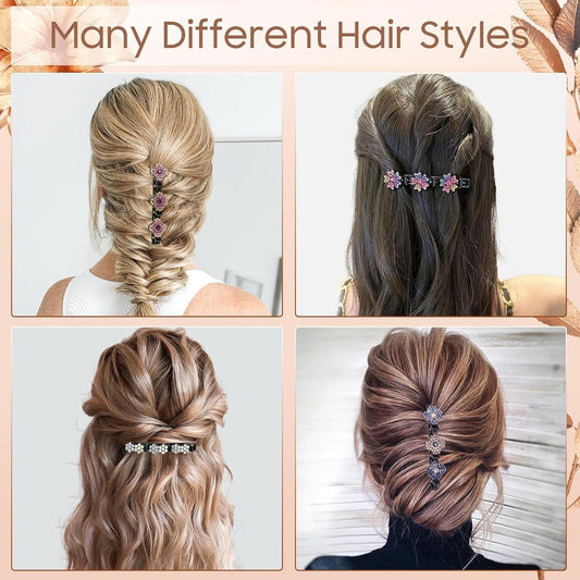 Three four-leaf rhinestone hair clips with small black barrette pieces on styled hair