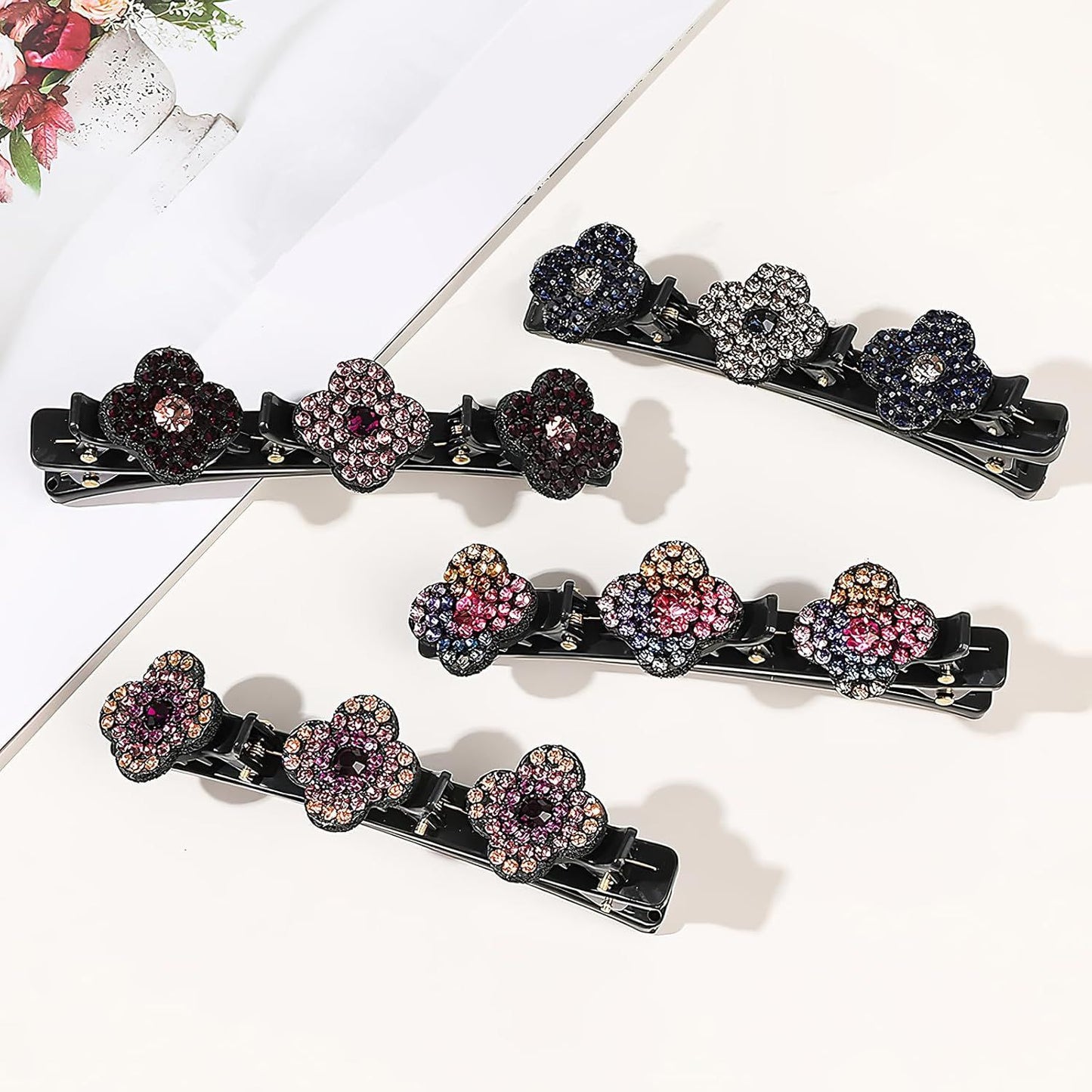 Braided Hair Clips For Women - Sparkling Crystal Stone Hair Clips For Styling Sectioning with 3 Small Hair Barrettes, Hair Accessories Four-Leaf Chopped with Rhinestones for Women& Girls 4 PCS (# 1)