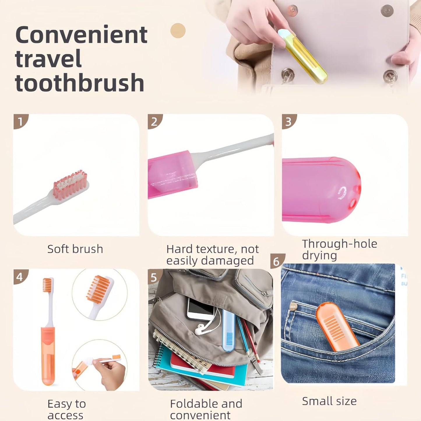 Travel Toothbrush Set for Family - 3 Mini Foldable Toothbrushes with Detachable Heads, Compact 4.53" Design, Medium Bristles, Portable for Road Trips & Air Travel(Orange/Yellow/Pink)