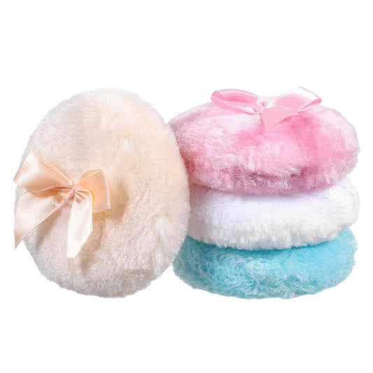 Fluffy powder puff set with satin bows, cream, pink and blue