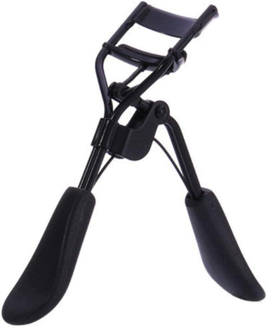 Black foldable eyelash curler with curved clamp and two padded handles