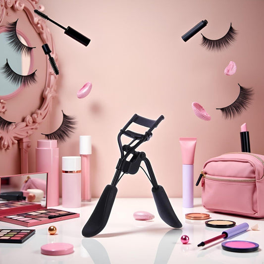 Black portable eyelash curler standing on two padded legs