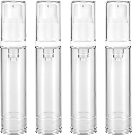 Clear airless pump dispenser bottle with silver base, refillable, travel 10 ml