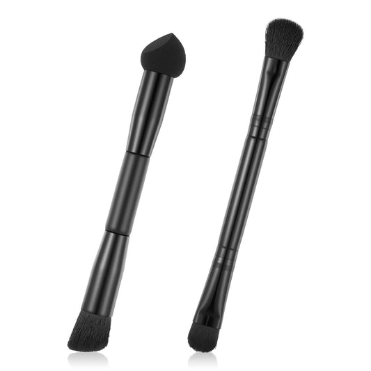 Hairline concealer brush set with sponge and soft bristle tips, two black brushes