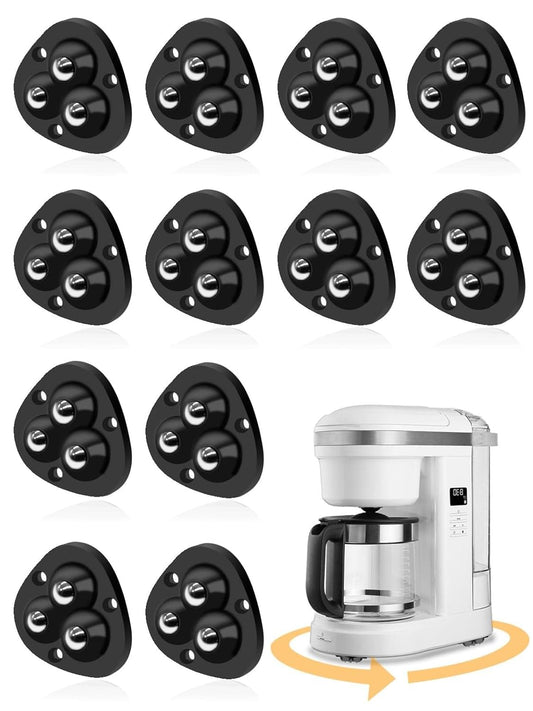 Set of 12 black triangular swivel caster wheels with three metal inserts each
