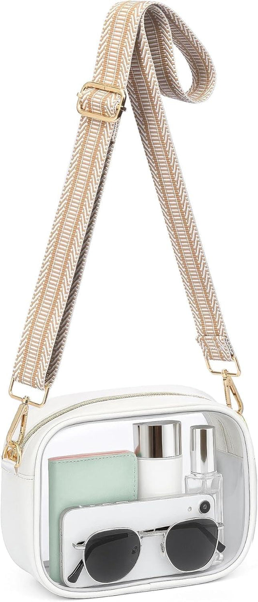 White clear crossbody bag showing sunglasses and small items inside through front