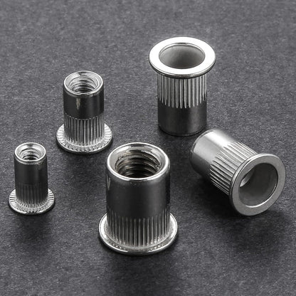 Rivet Nut 1/4"-20UNC 100Pcs Stainless Steel 304 Finish Flat Head Rivnut Threaded Insert Nut Knurled Body
