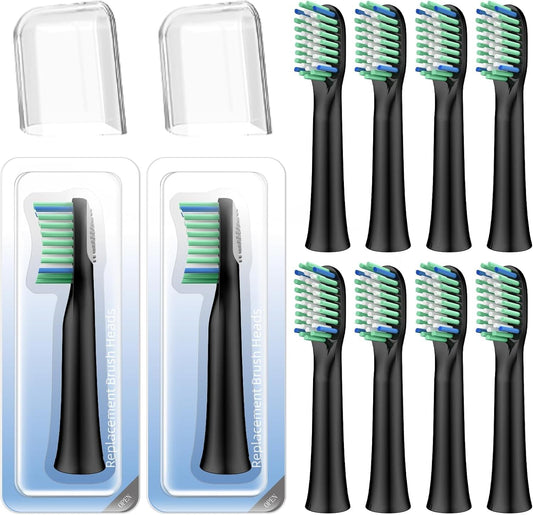 Sonic toothbrush replacement heads, black handles with green bristles (10-pack)
