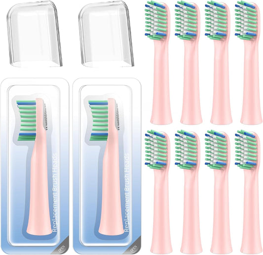Pink sonic toothbrush replacement heads with green and blue bristles, 10-pack set
