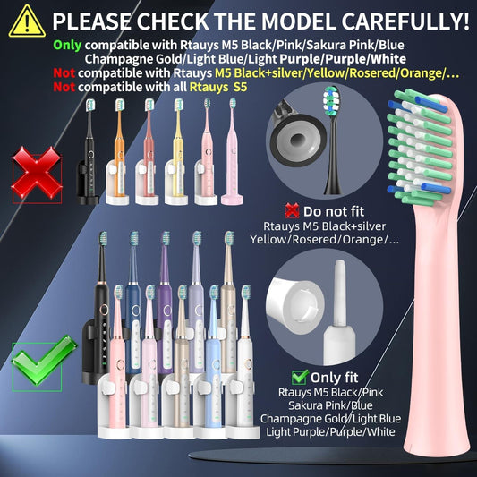 Pink sonic toothbrush replacement head with multicolor bristles and gray connector base