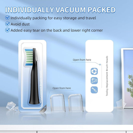 Individually packed 10-pack of black sonic toothbrush replacement heads with green and blue bristles