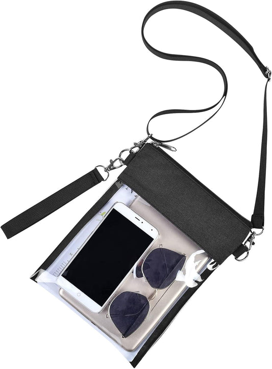 Black clear tote crossbody bag with zippered top and detachable wrist strap