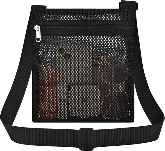 Black mesh crossbody purse with zip-top closure and adjustable shoulder strap