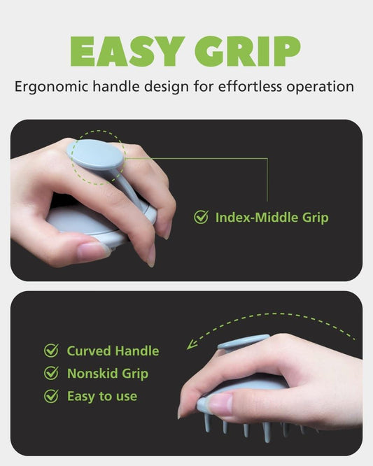 Scalp hair massager with blue grip handle and white bristle head, held in hand.