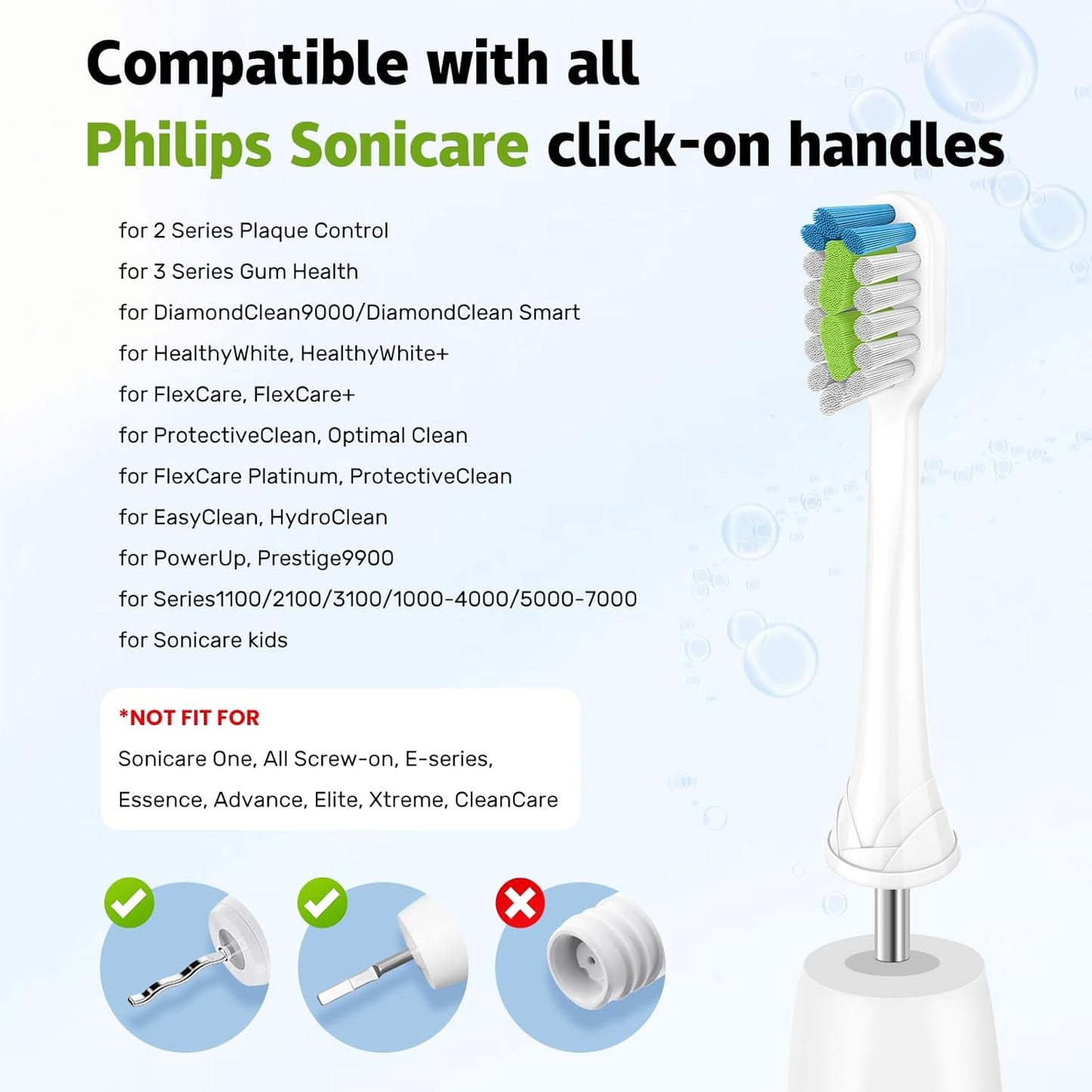 Replacement Brh Heads Compatible with Philips SoniCare Electric Toothbrhes, Dupont Bristles for Effective Cleaning, Click-on System, 8 Pack, White
