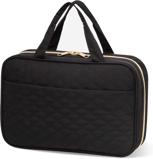 Black hanging toiletry bag with quilted fabric, zippered sides, and top carry handle.